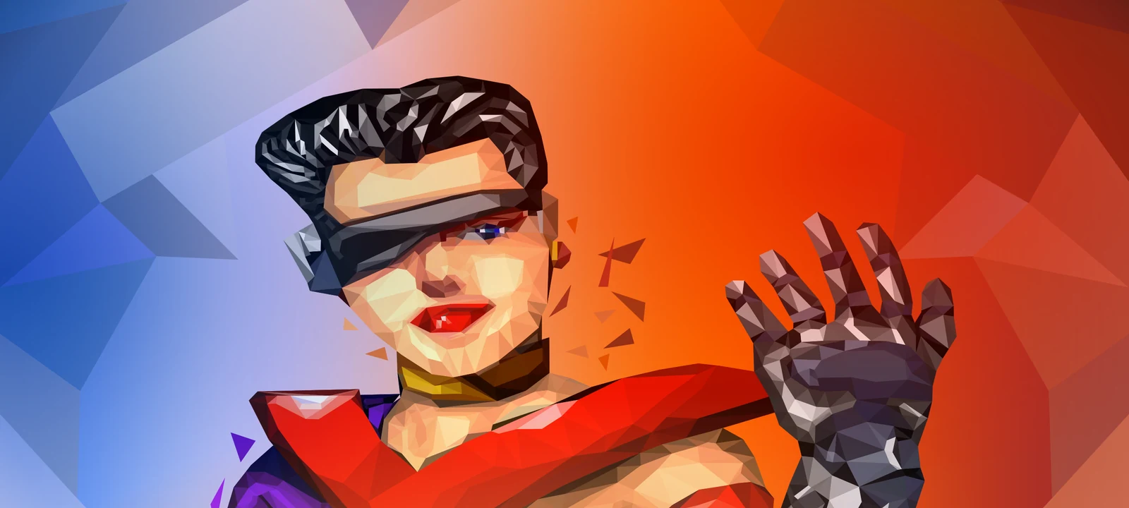 Geometric digital portrait in blue, orange, and red