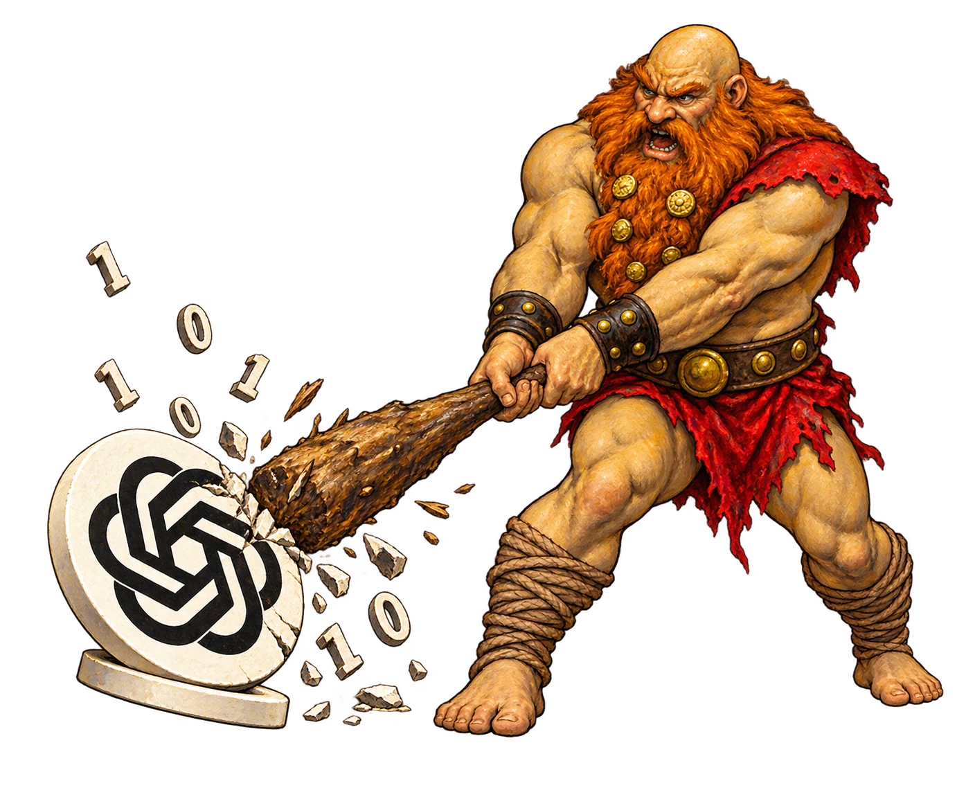 A red-bearded Wizardry giant smashes an OpenAI emblem with a club, scattering zeros and ones.