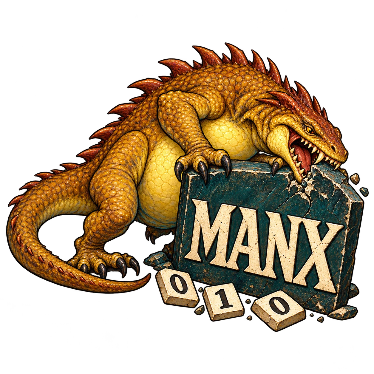 A spiny golden reptile chews the corner of a MANX compiler sign.