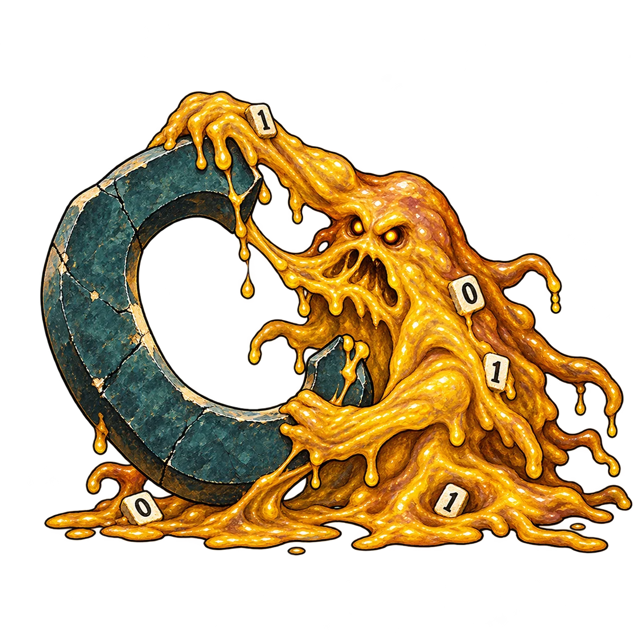 A golden cave slime strains to bend a large letter C, with binary tiles stuck in its goo.