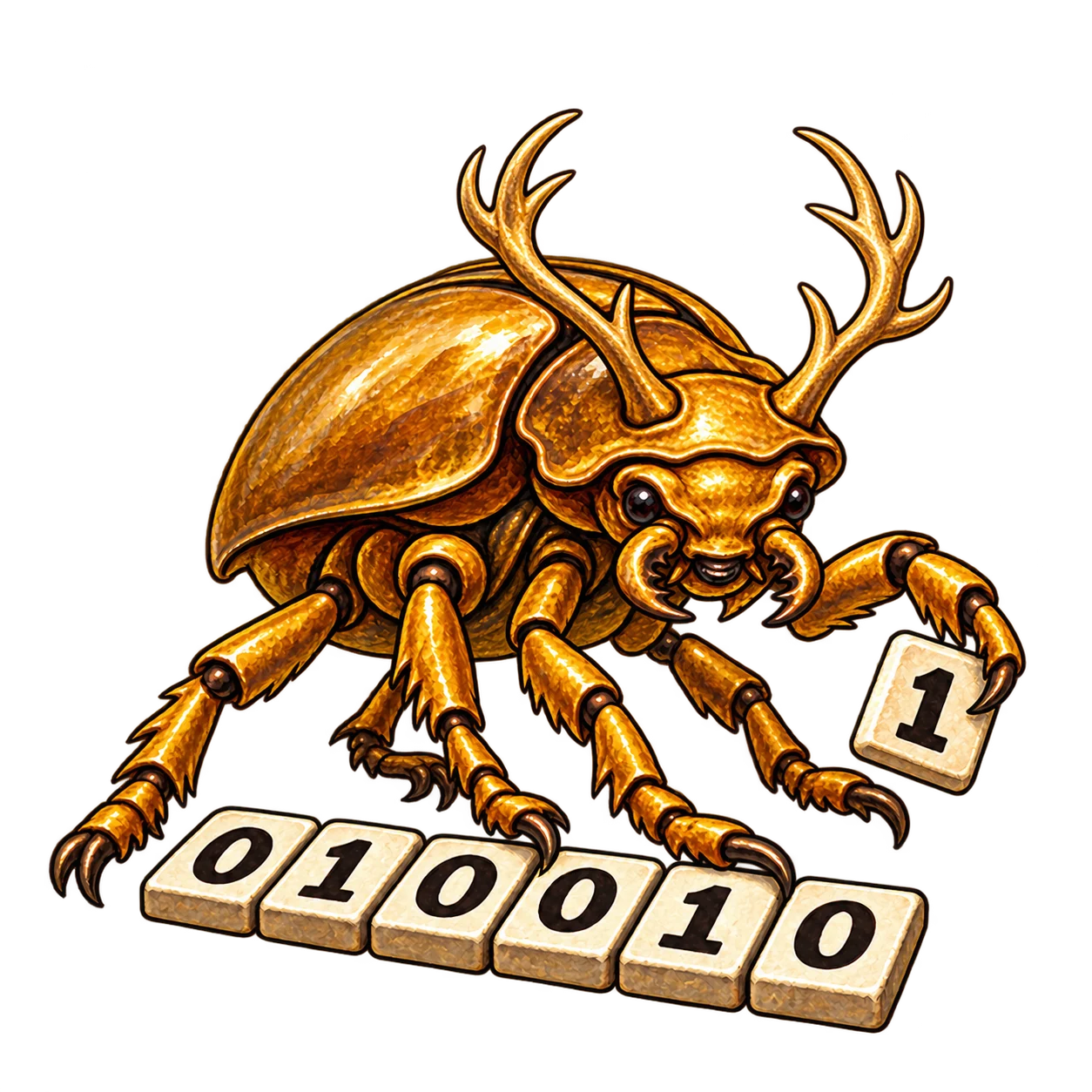 An antlered golden stag weevil picks up a binary digit from a row of number tiles.